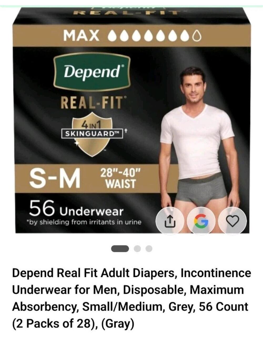 NEW Depend Real Fit Incontinence Underwear Men Adult Diapers S/M, Grey 56 Count